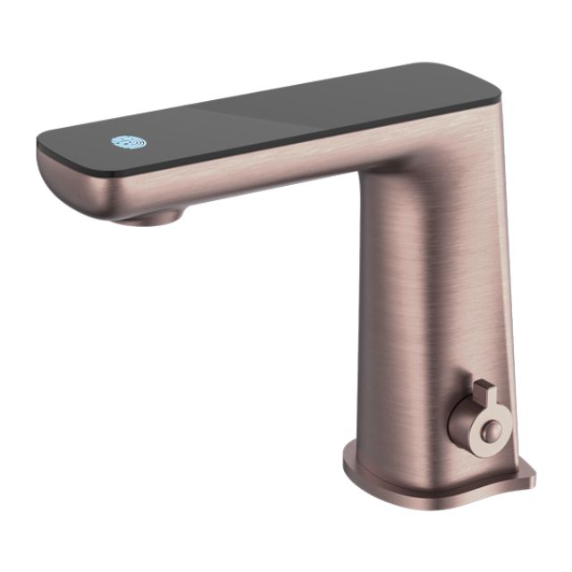 Nero Claudia sensor basin mixer in brushed bronze with black top display, shown on white background