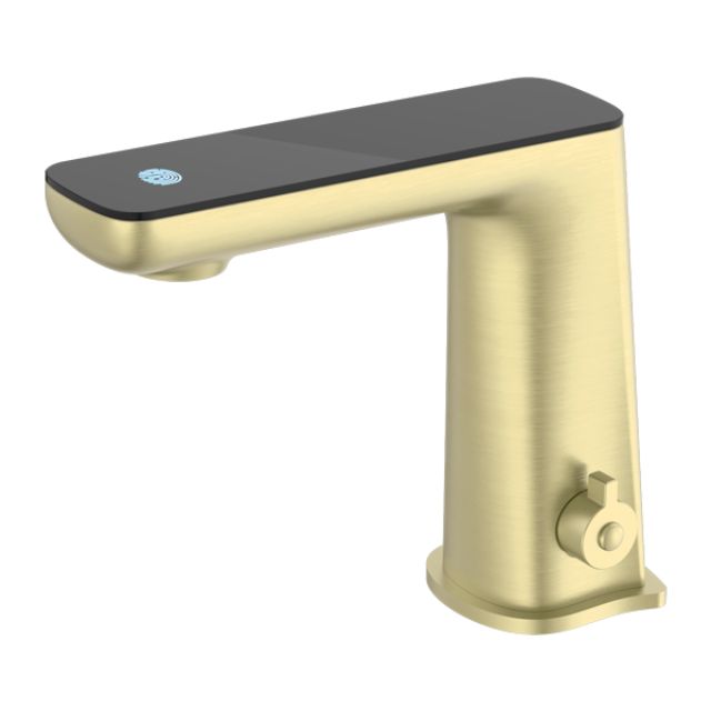 Nero Claudia sensor basin mixer in brushed gold with black top display, hob mounted tap, front view