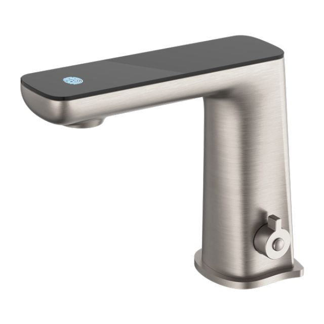 Nero Claudia sensor basin mixer tap in brushed nickel with black top display, side control and rectangular modern profile