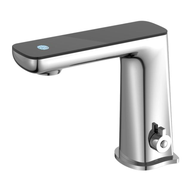 Nero Claudia chrome sensor basin mixer with black top display, hob mounted tap in a modern square profile