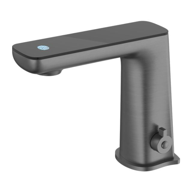 Nero Claudia sensor basin mixer tap in gunmetal with black top display, square hob-mounted design