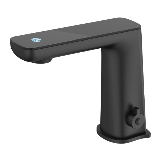 Nero Claudia matte black sensor basin mixer tap with black top display, side view