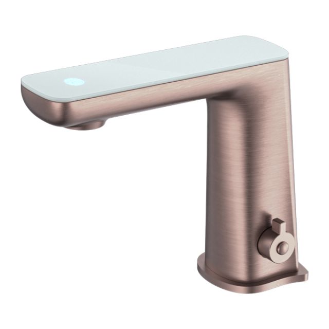 Nero Claudia sensor basin mixer in brushed bronze with white top display, side view on white background