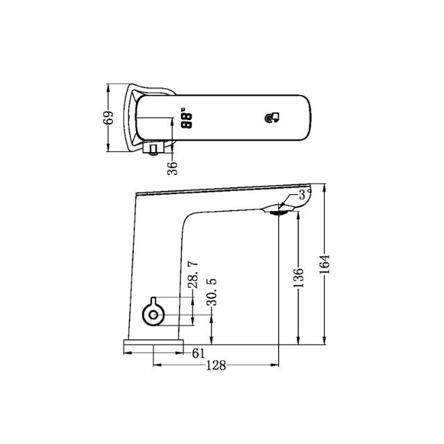 Technical drawing of Nero Claudia sensor basin mixer tap, showing side and top views with dimensions in mm