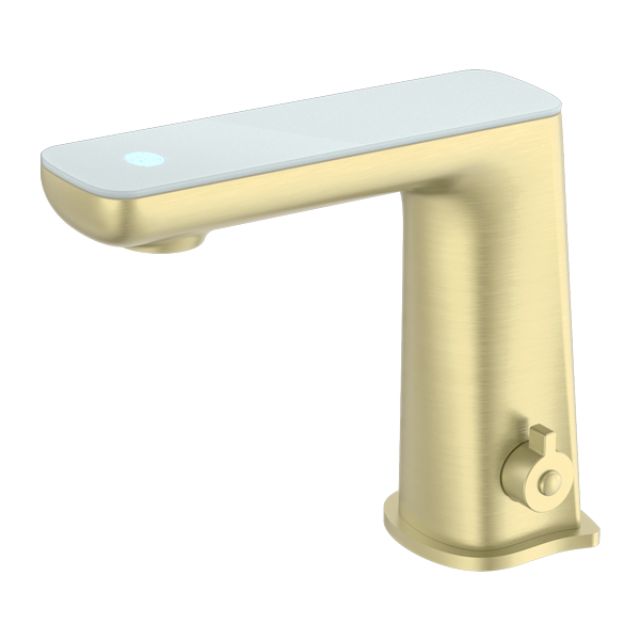 Nero Claudia sensor basin mixer in brushed gold with white top display, side view on white background