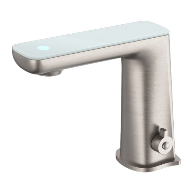 Nero Claudia sensor basin mixer tap in brushed nickel with white top display, shown on white background