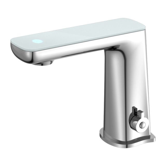 Nero Claudia sensor basin mixer tap in chrome with white top display, modern rectangular hob-mounted design