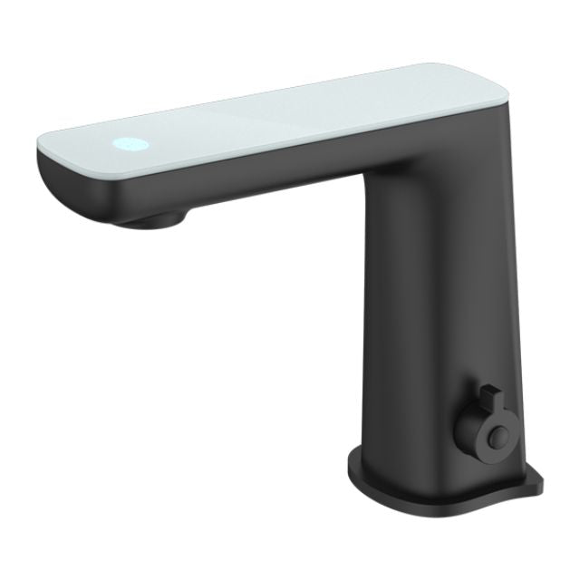 Nero Claudia sensor basin mixer tap in matte black with white top display, shown in side view on white background