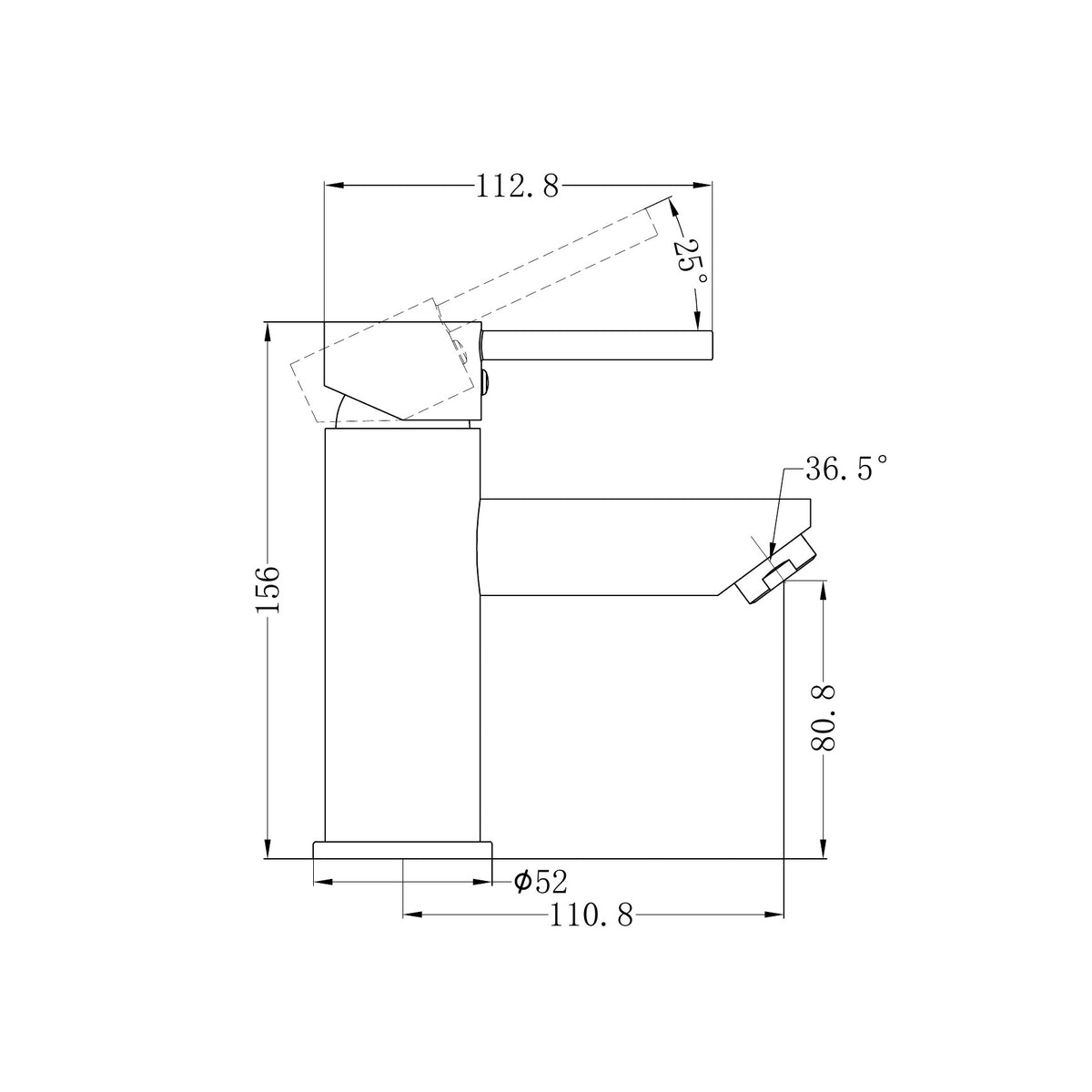Nero Dolce basin mixer technical drawing in gun metal, straight spout, with dimensions and side view