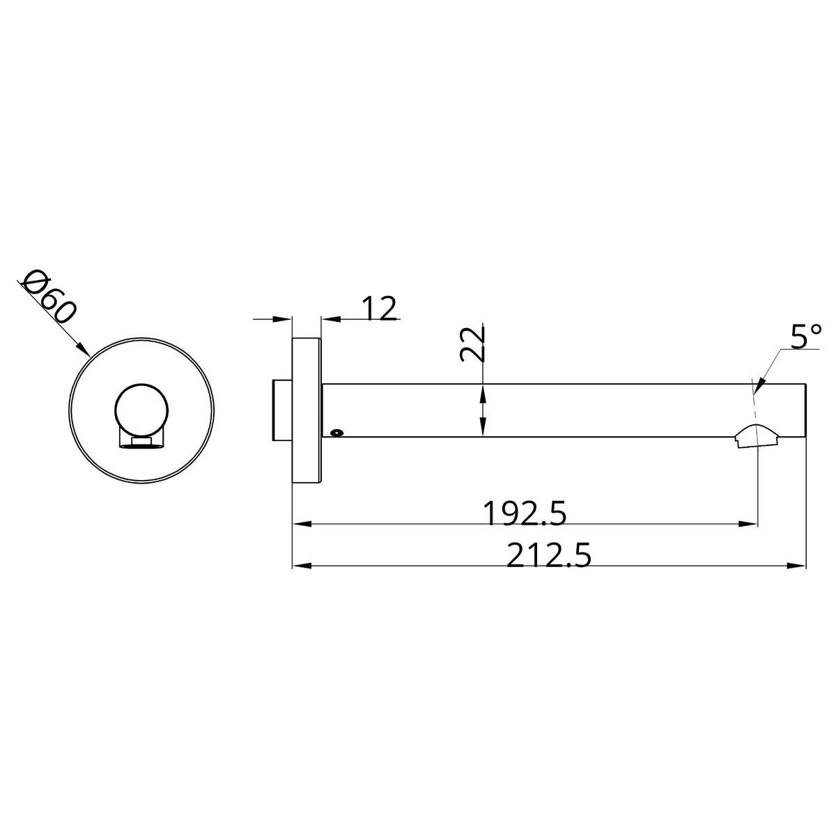 Nero Dolce II basin/bath spout technical drawing, chrome, with dimensions and 5° outlet angle