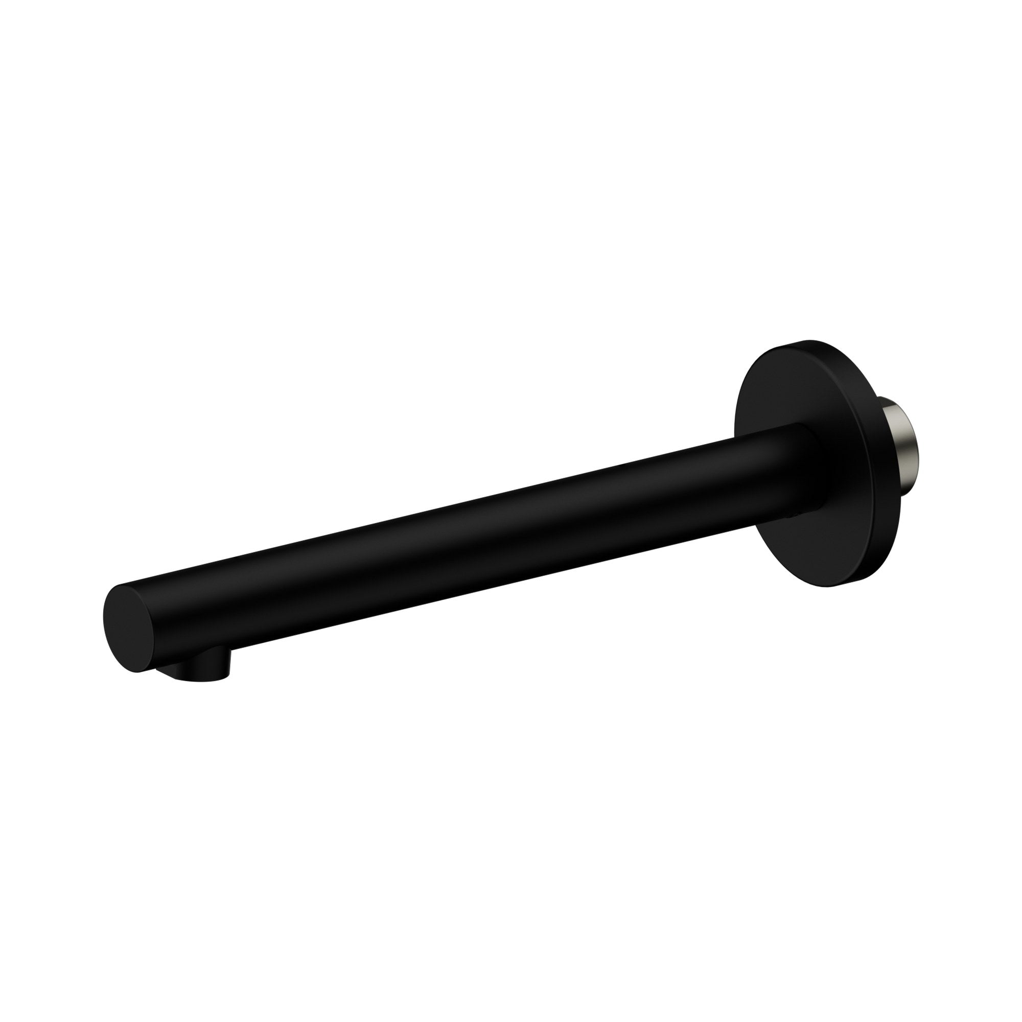 Nero Dolce II matte black wall-mounted basin/bath spout with round backplate, angled side view