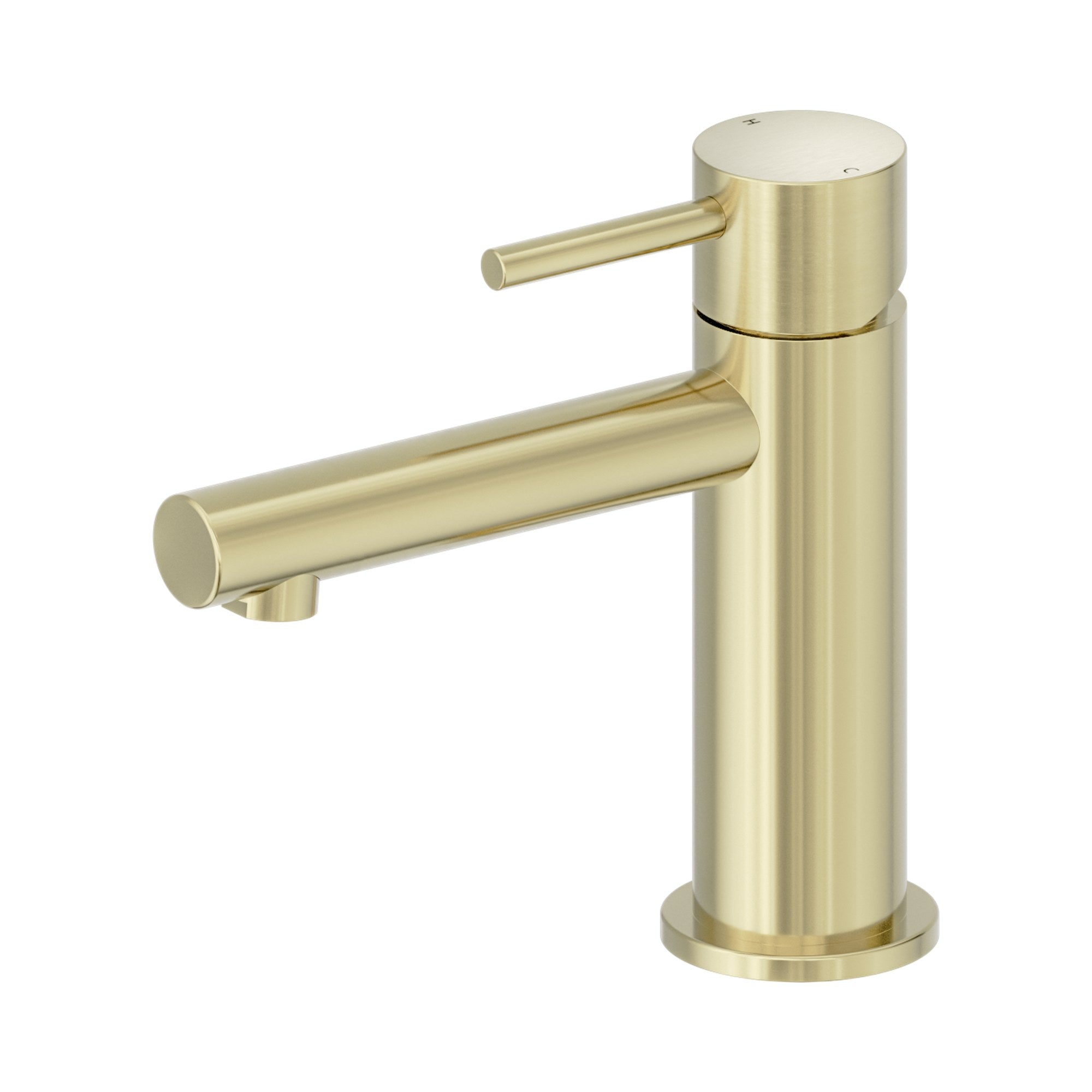 Nero Dolce II basin mixer in brushed gold, straight spout, side view on white background