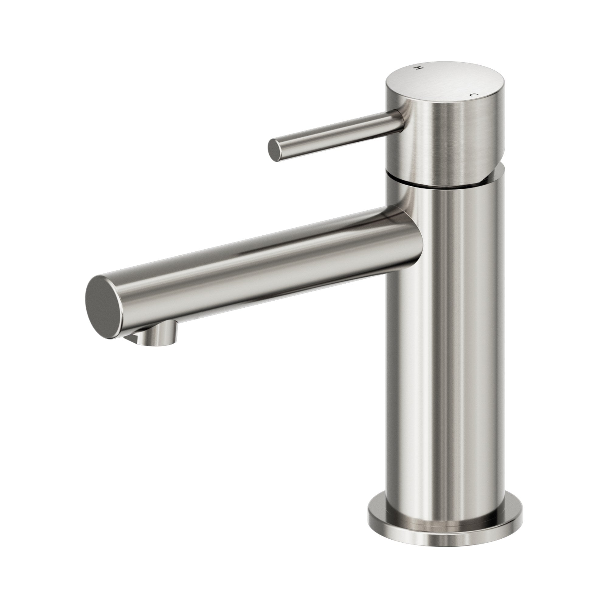 Nero Dolce II basin mixer in brushed nickel, modern cylindrical hob-mounted tap with straight spout