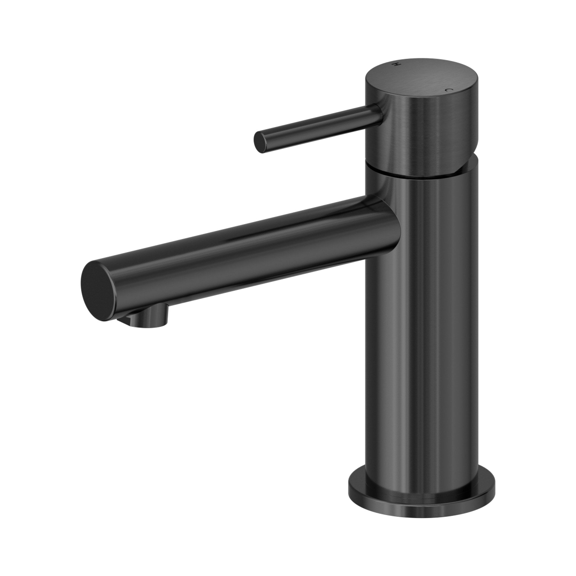 Nero Dolce II basin mixer in gunmetal, with slim straight spout and cylindrical modern hob-mounted design