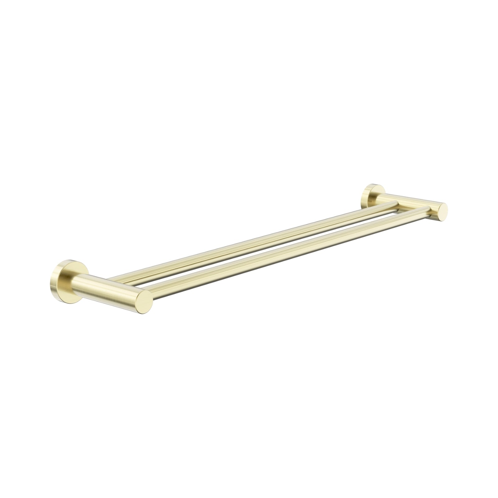 Nero Dolce II double towel rail in brushed gold, 600mm wall-mounted bathroom accessory with twin rails and round wall plates