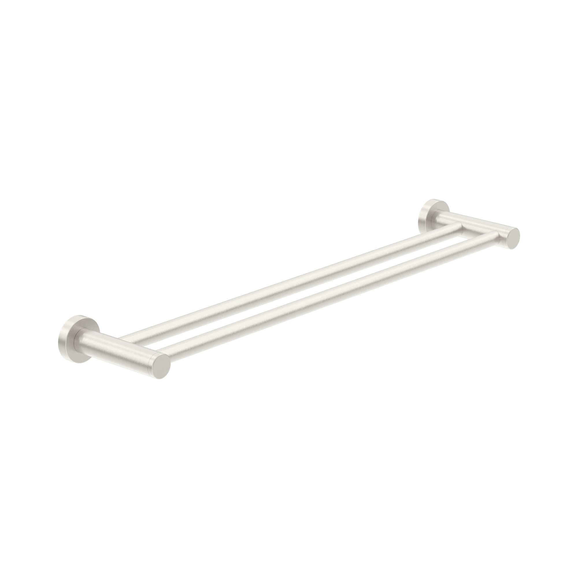 Nero Dolce II double towel rail in brushed nickel, 600mm stainless steel bathroom rail on white background