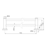 Nero Dolce II double towel rail technical drawing in chrome, showing 754mm width and mounting dimensions