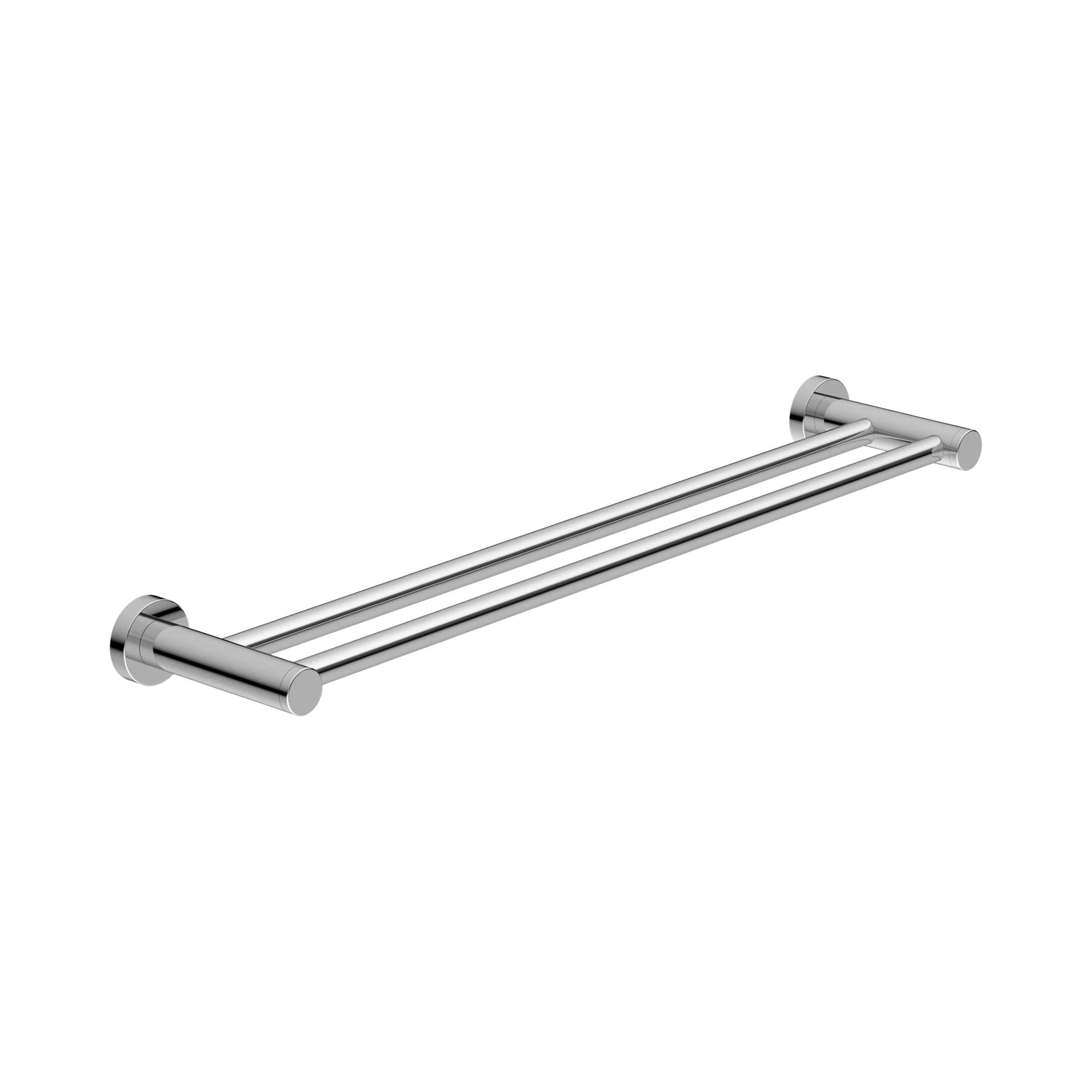 Nero Dolce II double towel rail in chrome, 800mm stainless steel wall-mounted bathroom accessory on white background