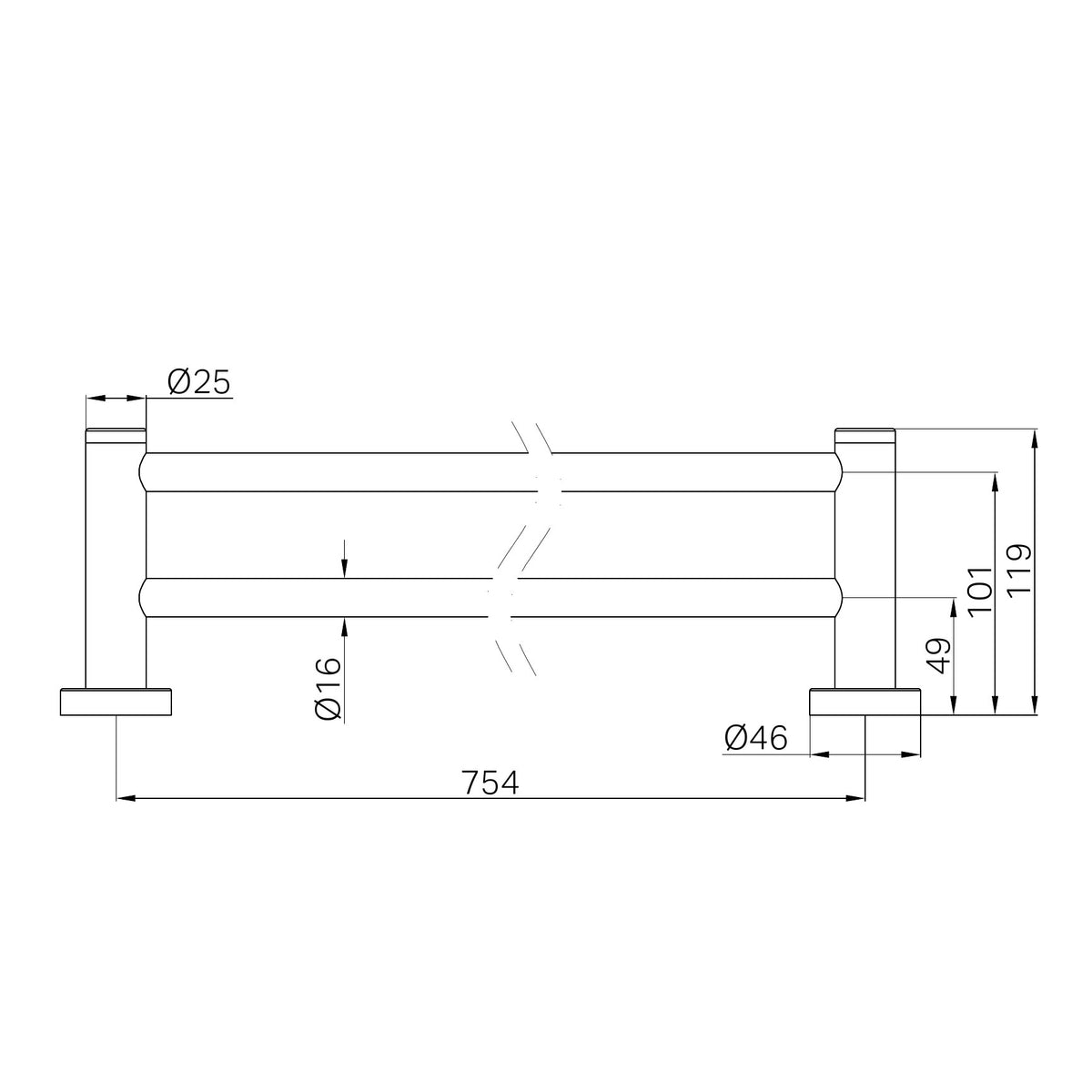 Technical drawing of Nero Dolce II double towel rail, matte black, showing 754mm width and fixing dimensions