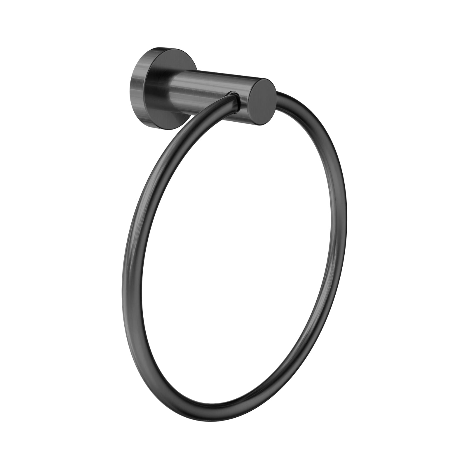 Nero Dolce II gun metal hand towel ring with round wall mount on a white background