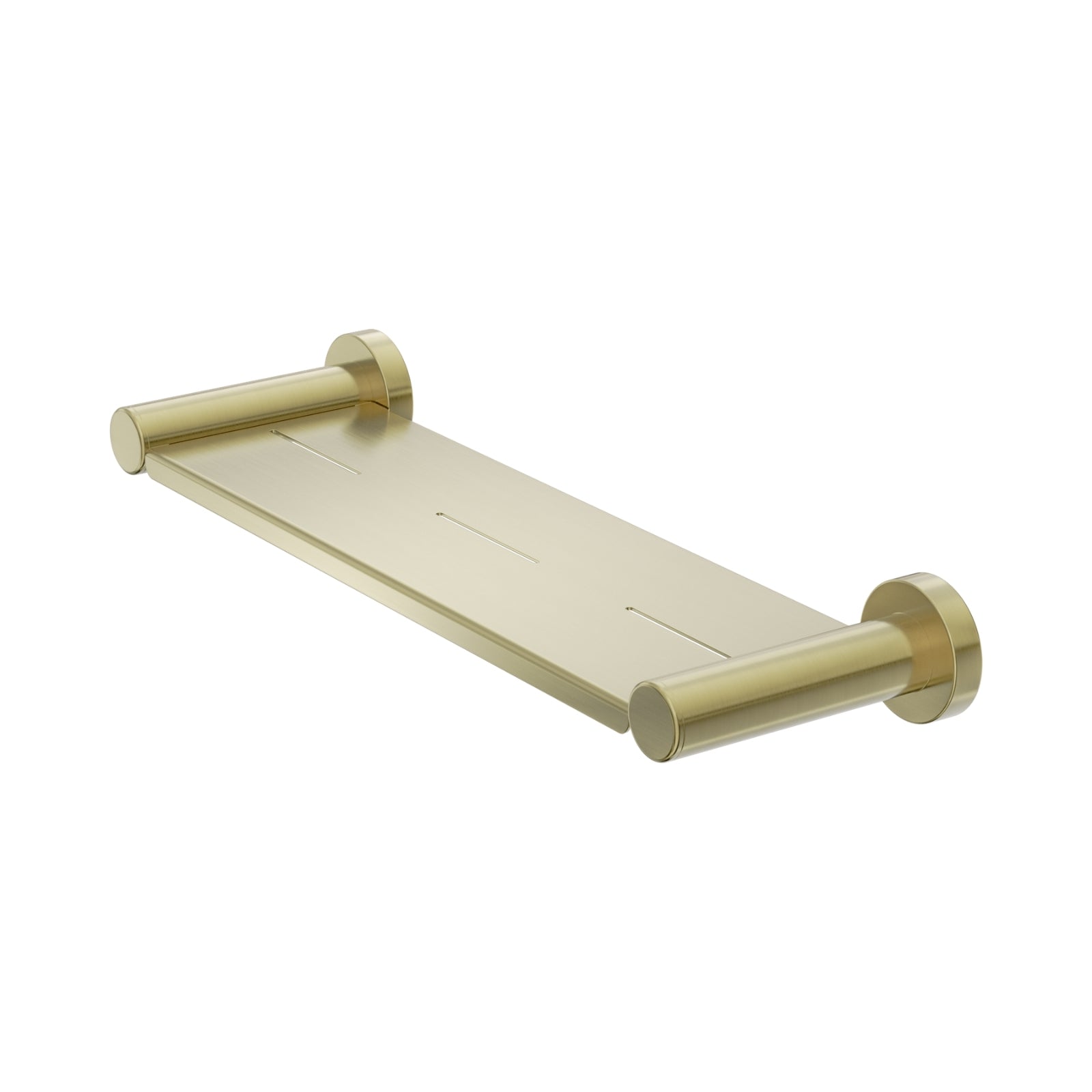Nero Dolce II metal shower shelf in brushed gold, wall-mounted bathroom accessory with concealed fixings and clean lines