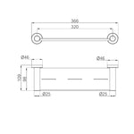 Technical drawing of Nero Dolce II metal shower shelf, showing 366mm length and 46mm round fixings in brushed gold style