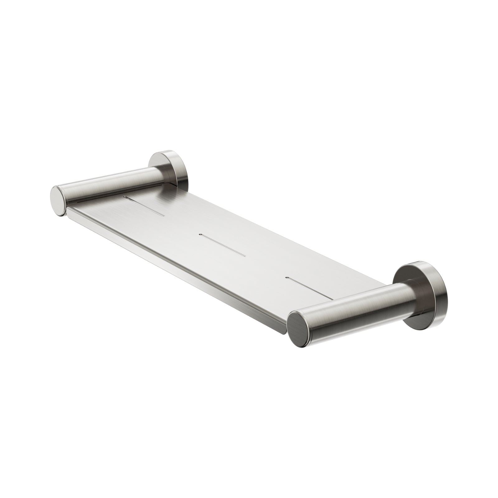 Nero Dolce II metal shower shelf in brushed nickel with concealed round fixings, shown on white background