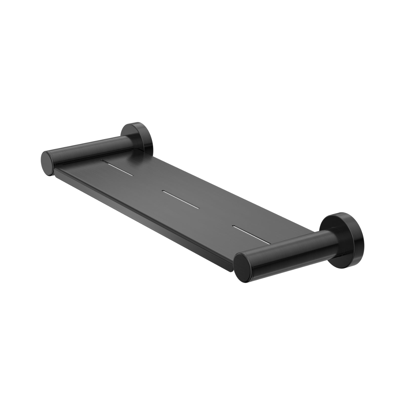 Nero Dolce II gun metal shower shelf with concealed fixings, modern stainless steel bathroom storage shelf on white background