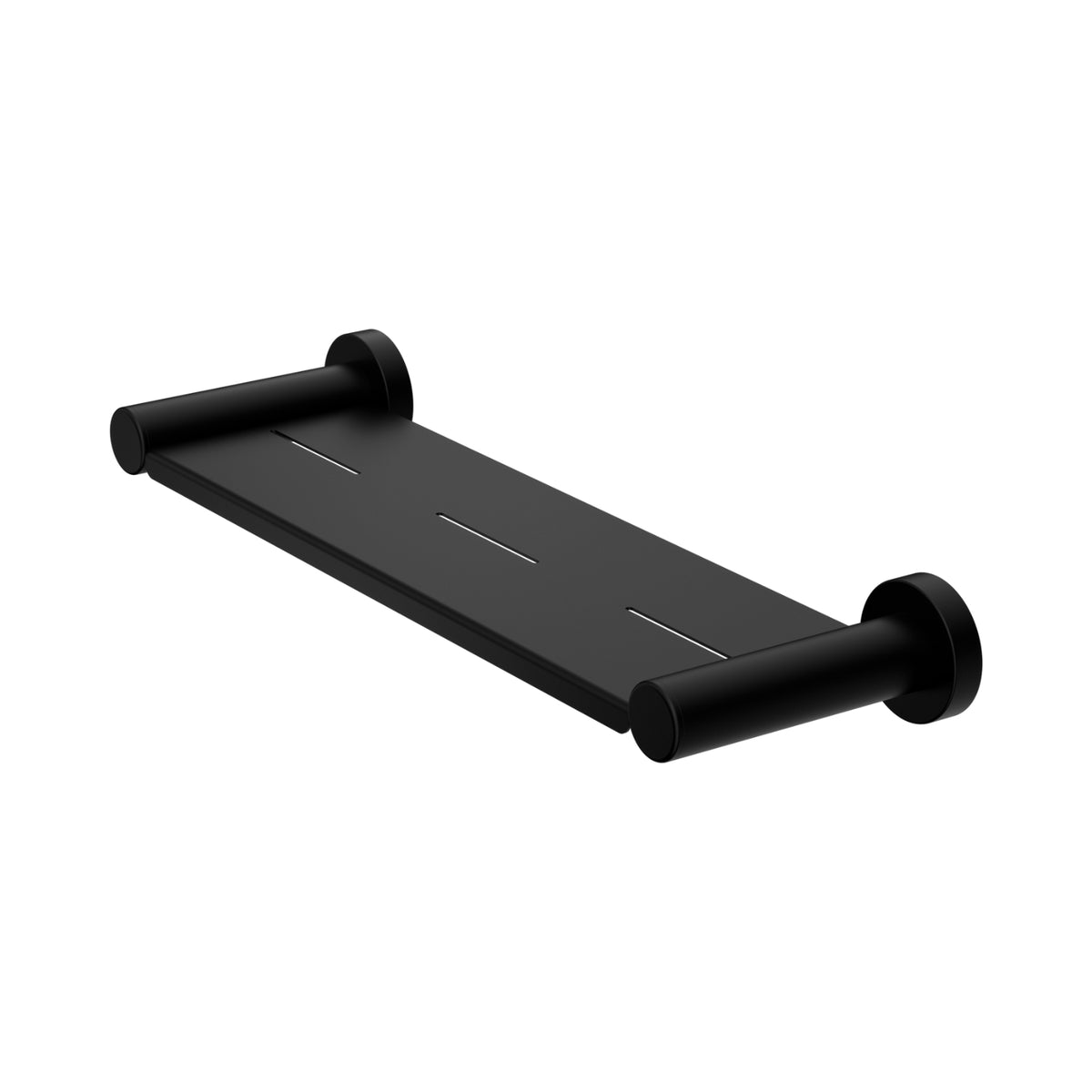 Nero Dolce II matte black metal shower shelf with concealed fixings, shown in angled view on a white background