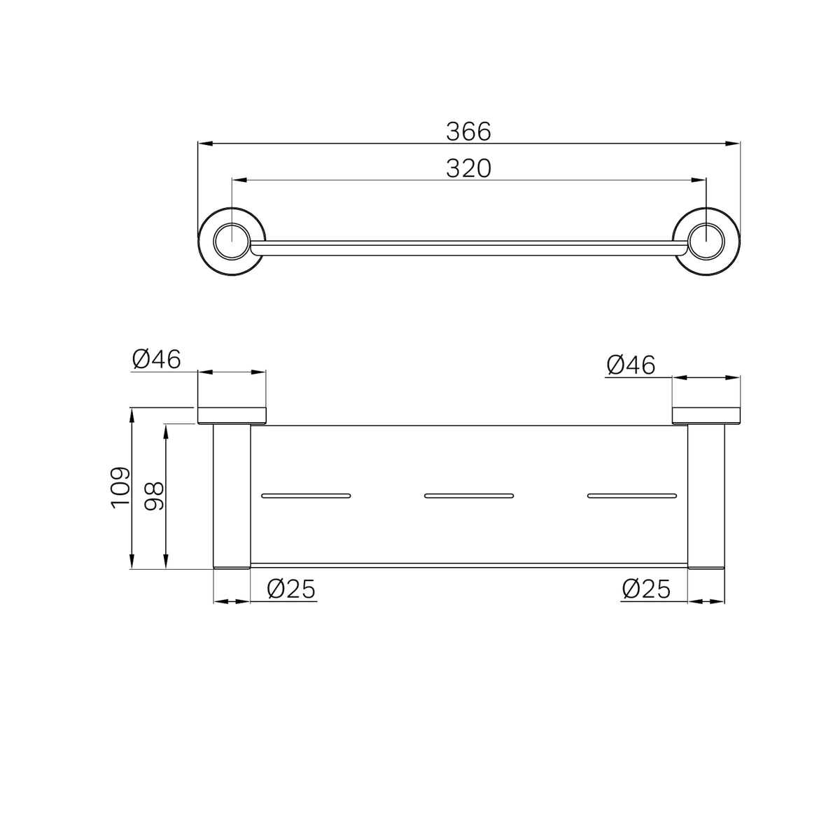 Technical drawing of Nero Dolce II metal shower shelf in matte black, showing dimensions and concealed-fix circular mounts