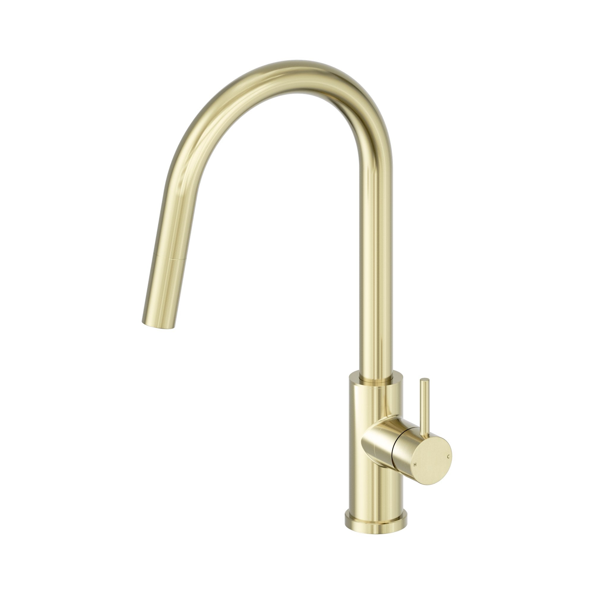 Nero Dolce II pull out sink mixer in brushed gold, with curved gooseneck spout and single lever handle, on white background
