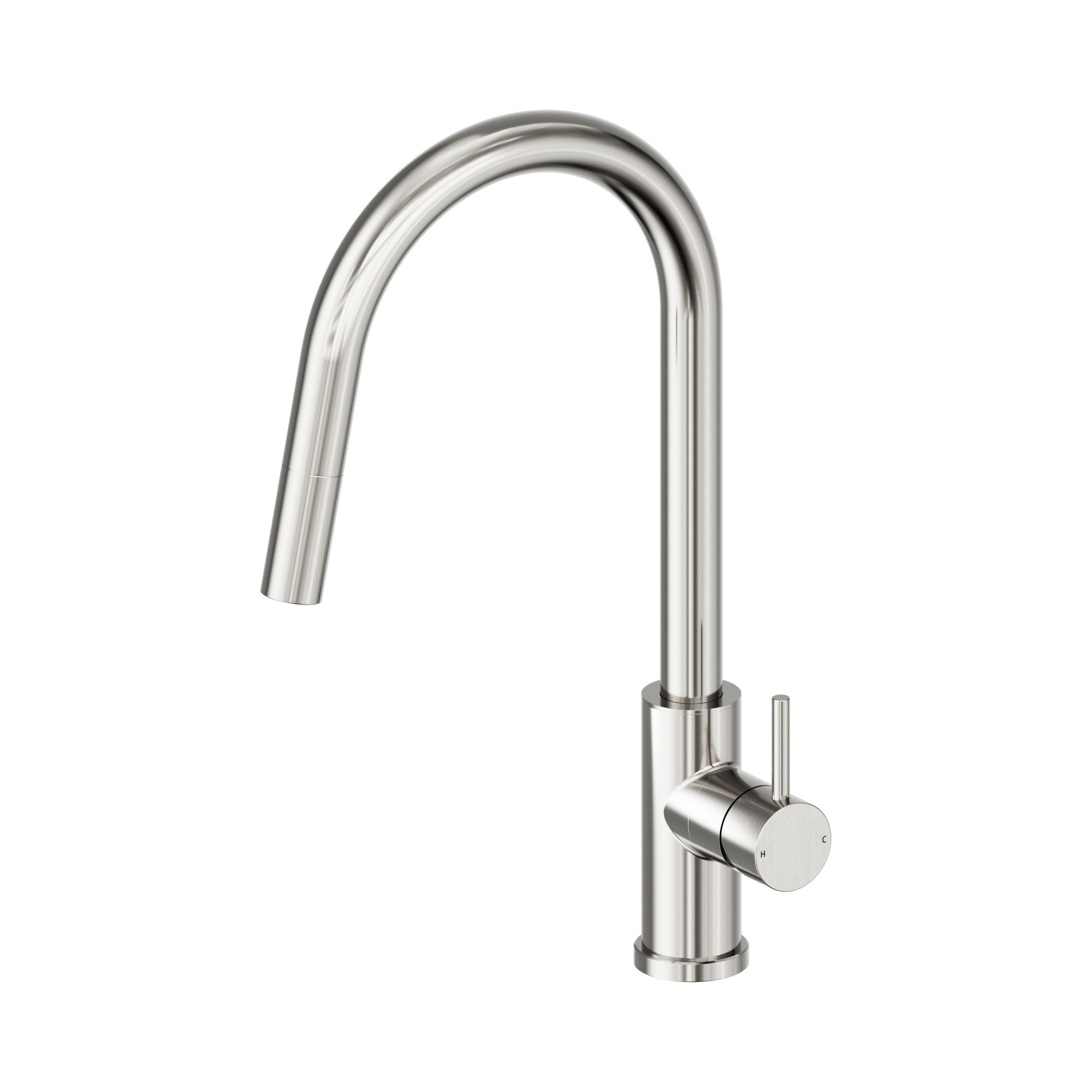 Nero Dolce II pull out sink mixer in brushed nickel, shown on a white background with high gooseneck spout and side lever