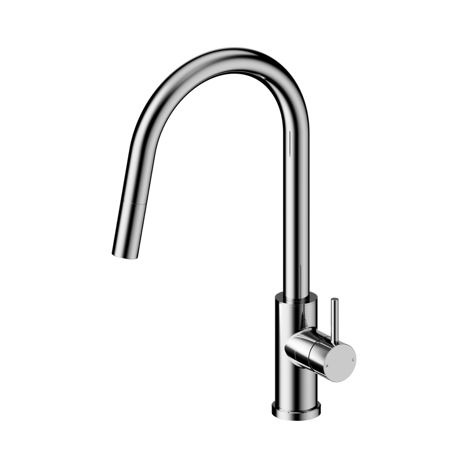 Nero Dolce II chrome pull-out sink mixer tap with curved spout and side lever, front view on white background