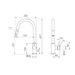 Technical drawing of Nero Dolce II pull out sink mixer in gun metal, showing front and side dimensions and angles