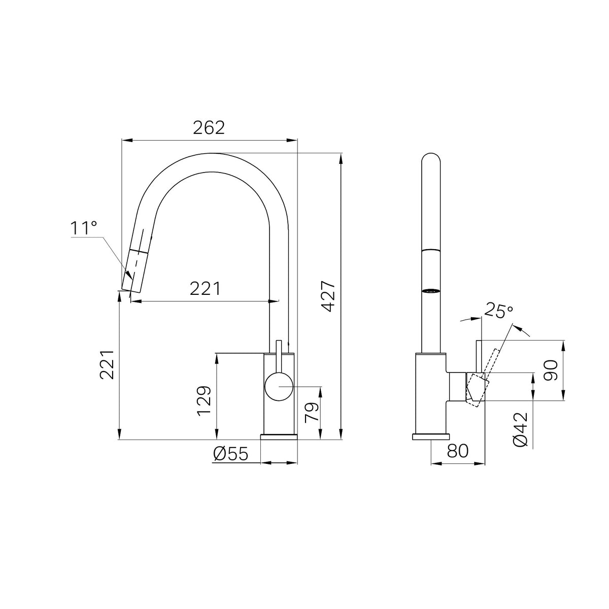 Technical drawing of Nero Dolce II pull out sink mixer in gun metal, showing front and side dimensions and angles
