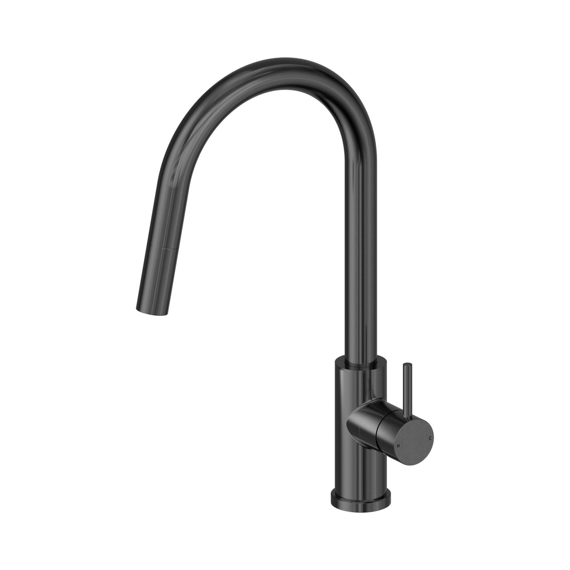 Nero Dolce II pull out sink mixer in gun metal, with high gooseneck spout and single lever handle on white background