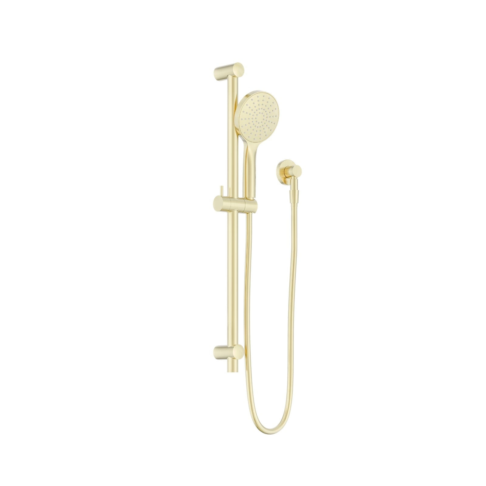 Nero Dolce II rail shower in brushed gold, wall-mounted with hand shower, hose and round shower head on white background