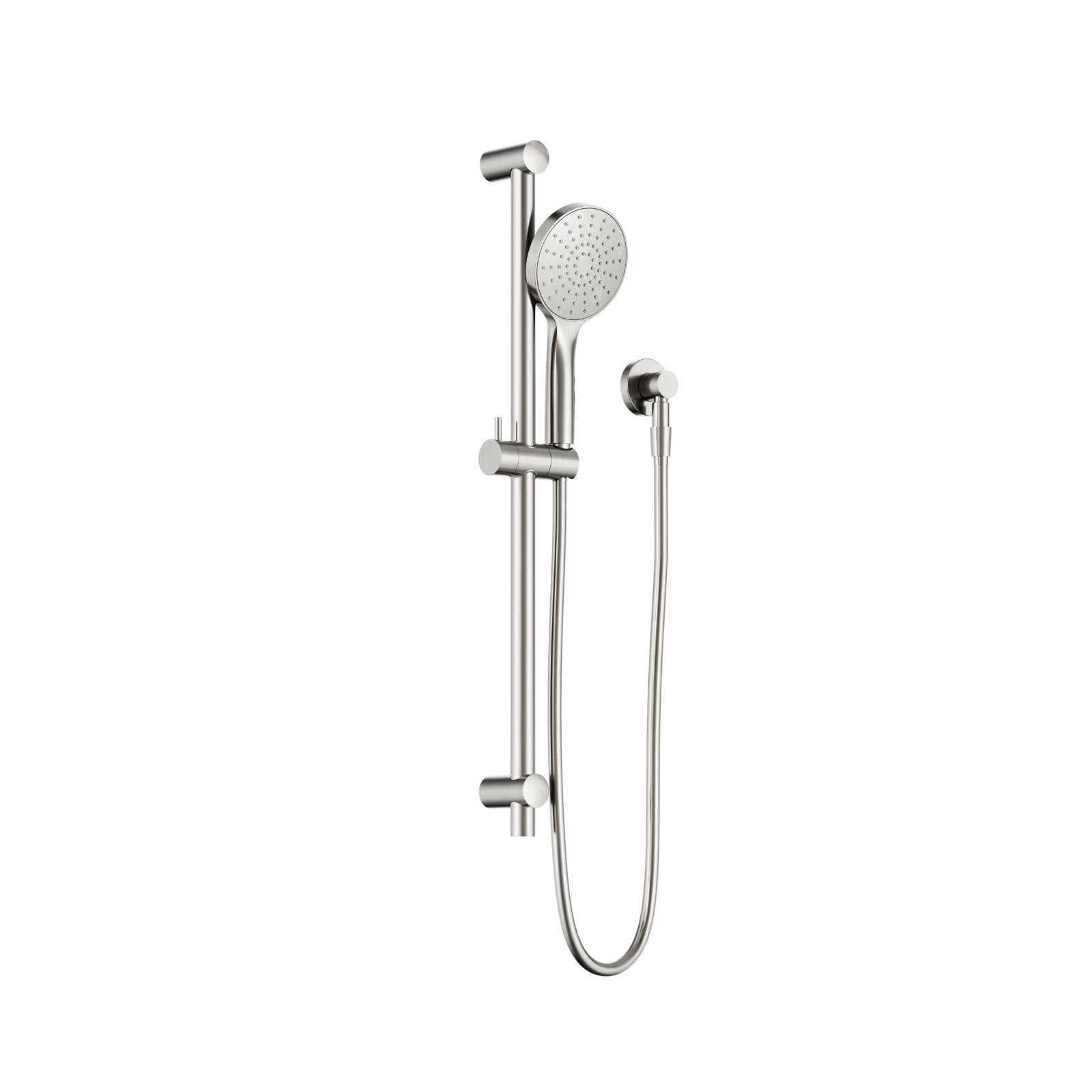 Nero Dolce II rail shower in brushed nickel with round hand shower, rail, hose and wall bracket, on white background