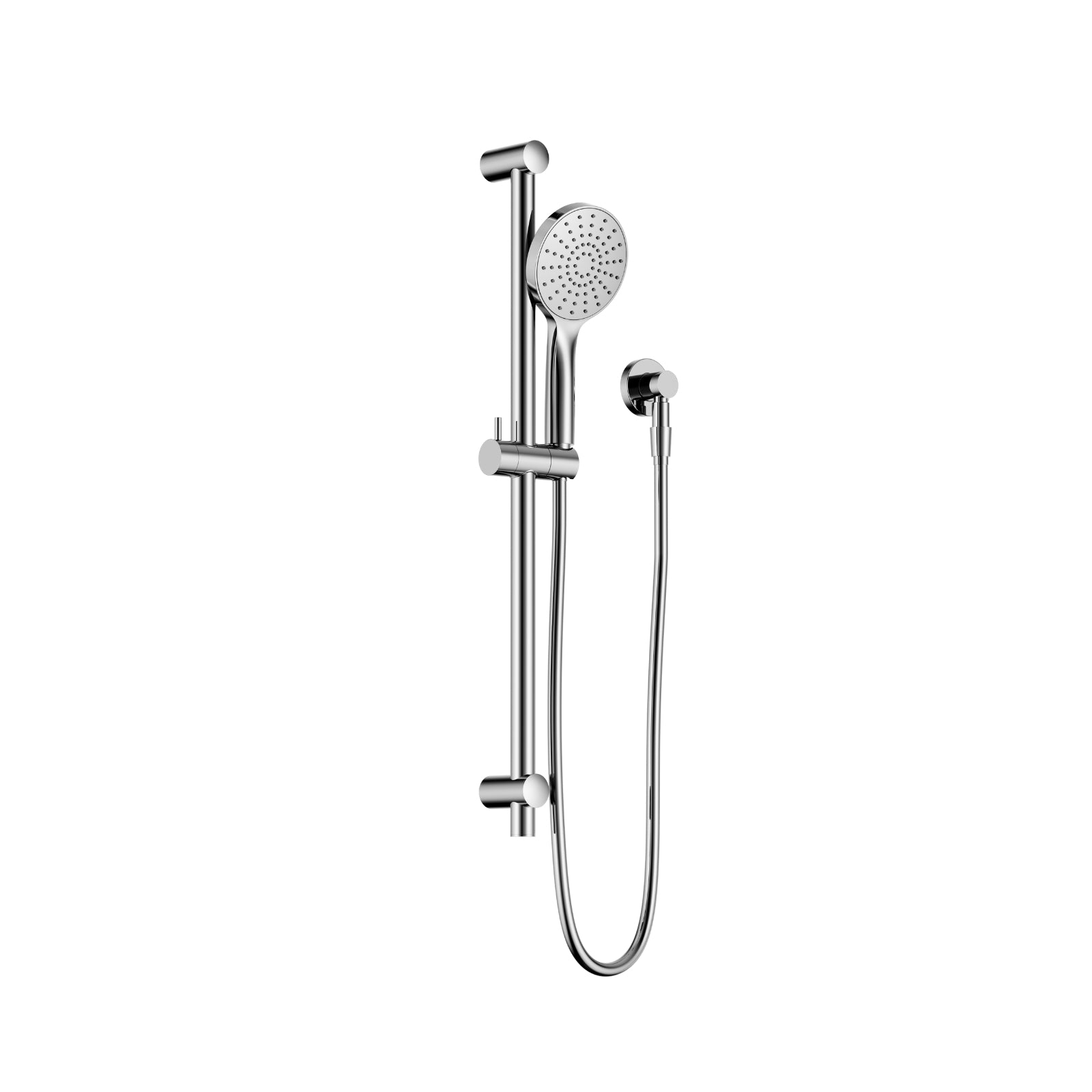 Nero Dolce II chrome rail shower with round hand shower, hose and wall-mounted rail on white background