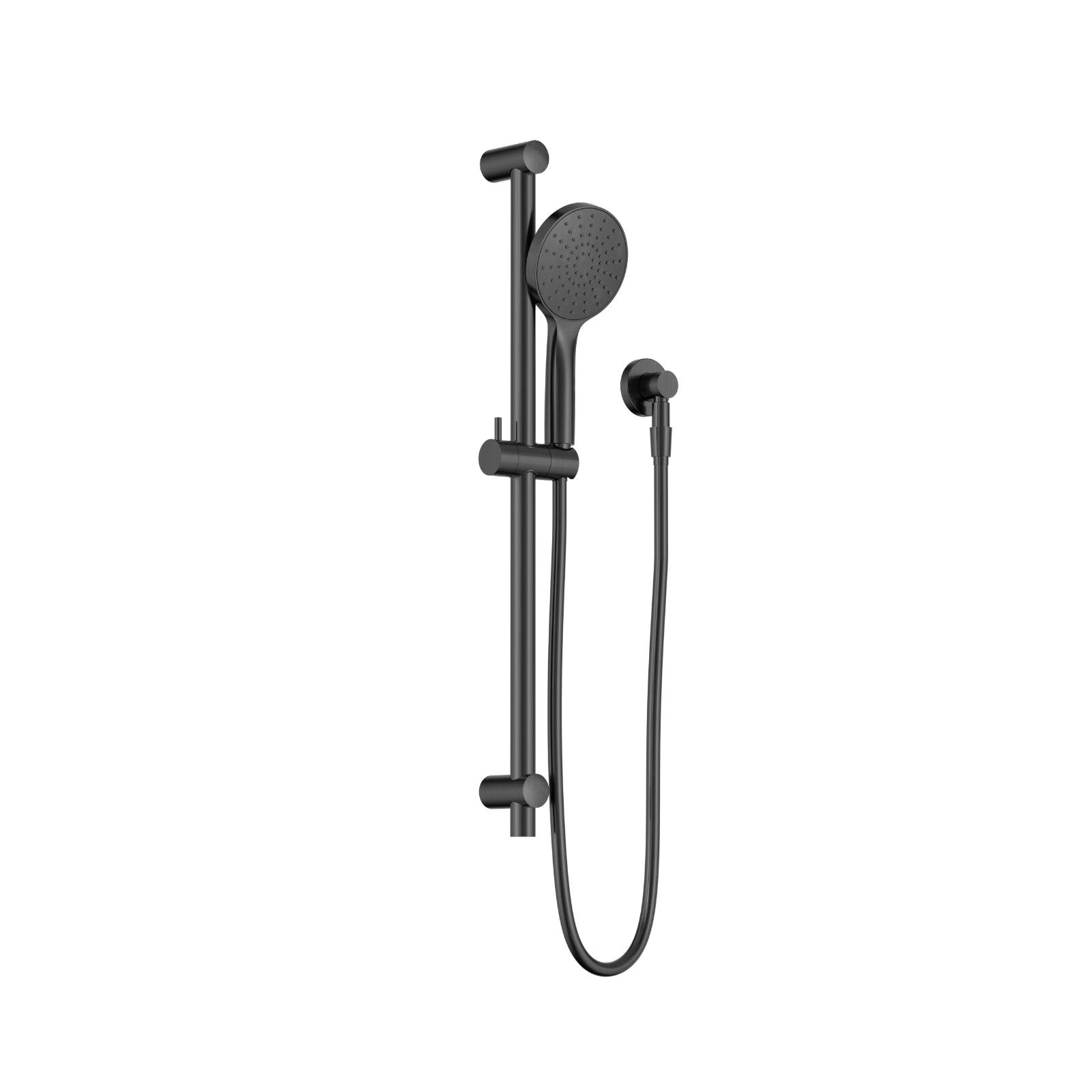 Nero Dolce II rail shower in gunmetal, with round hand shower, wall-mounted rail and hose on white background