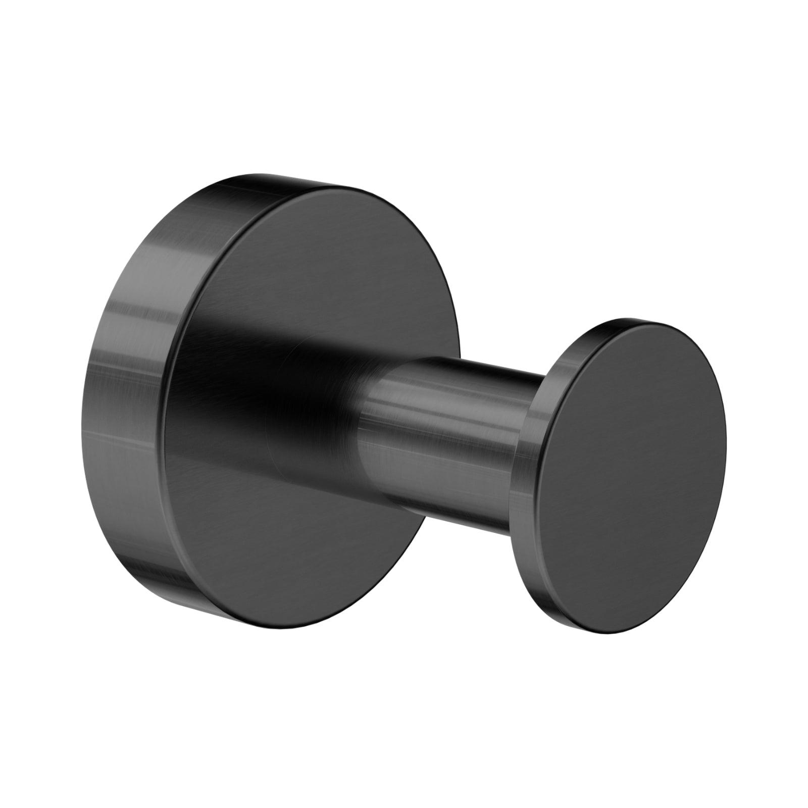 Nero Dolce II robe hook in gunmetal finish, round wall-mounted bathroom accessory on white background