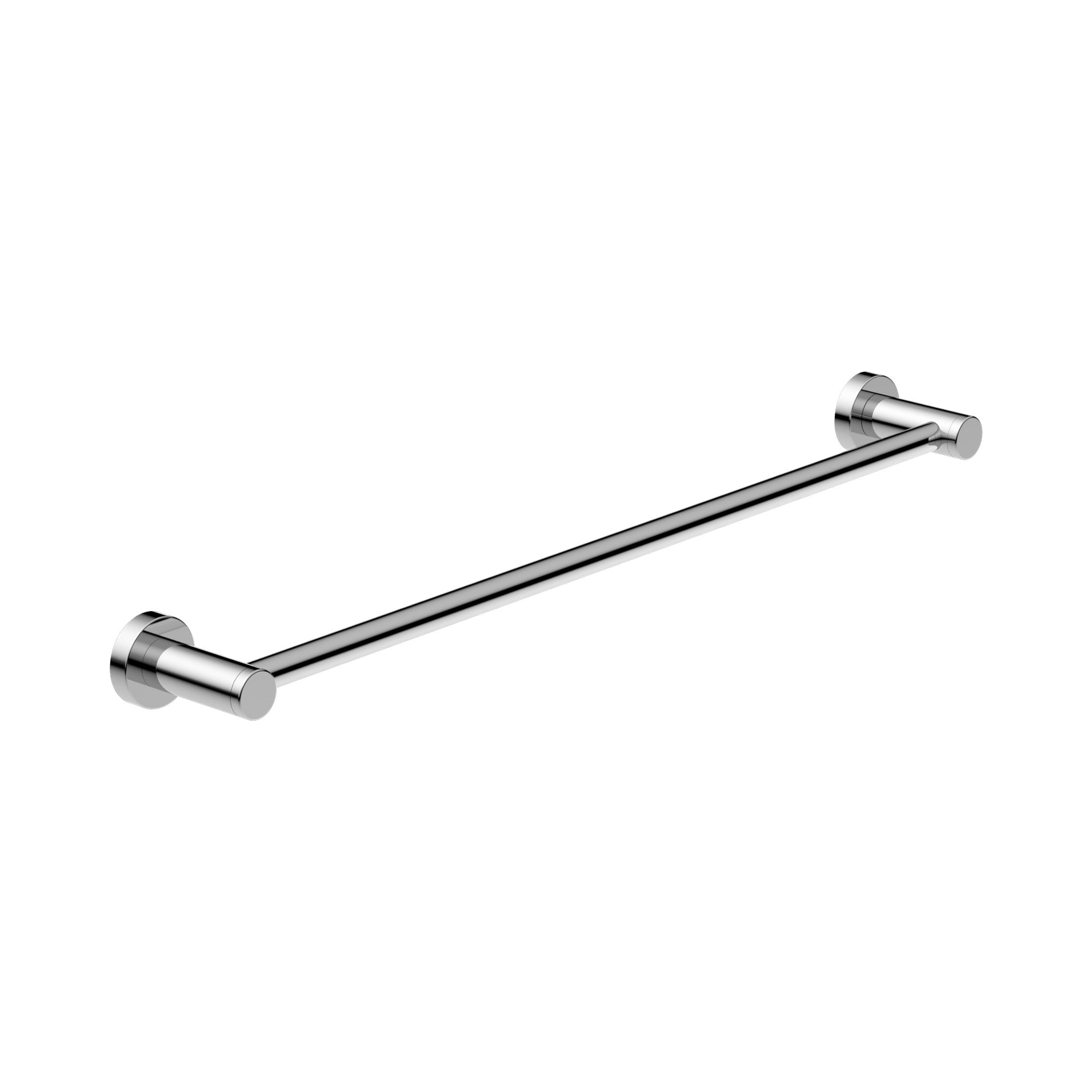 Nero Dolce II single towel rail in chrome, 600mm stainless steel bar with round wall mounts, angled view