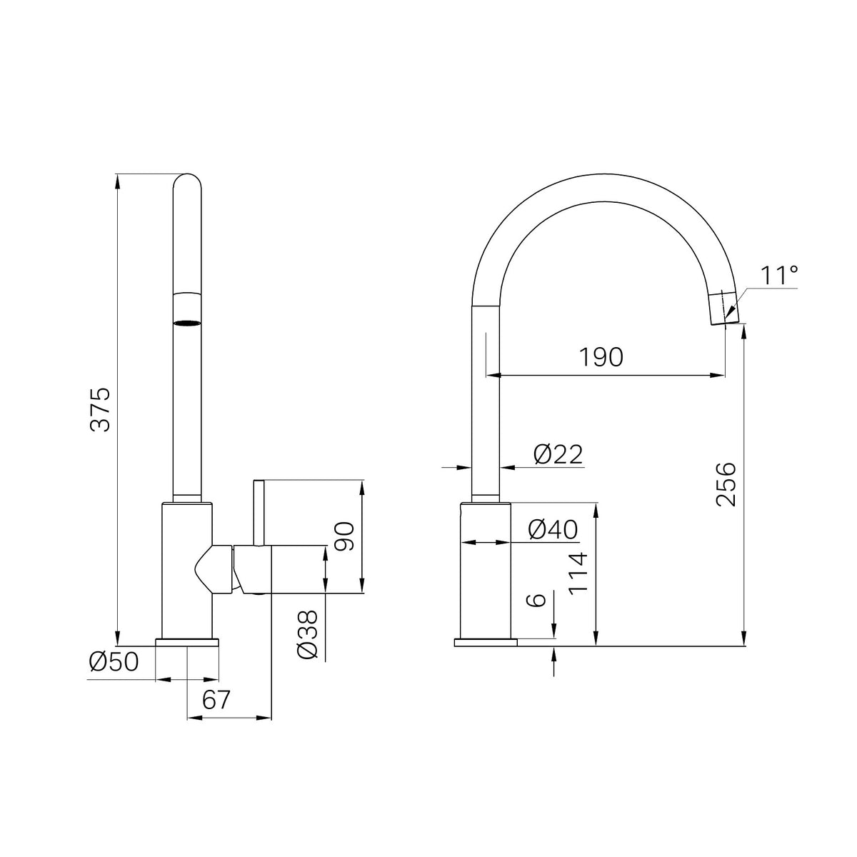 Nero Dolce II brushed gold sink mixer technical drawing showing side and front dimensions, 328mm tall with curved spout