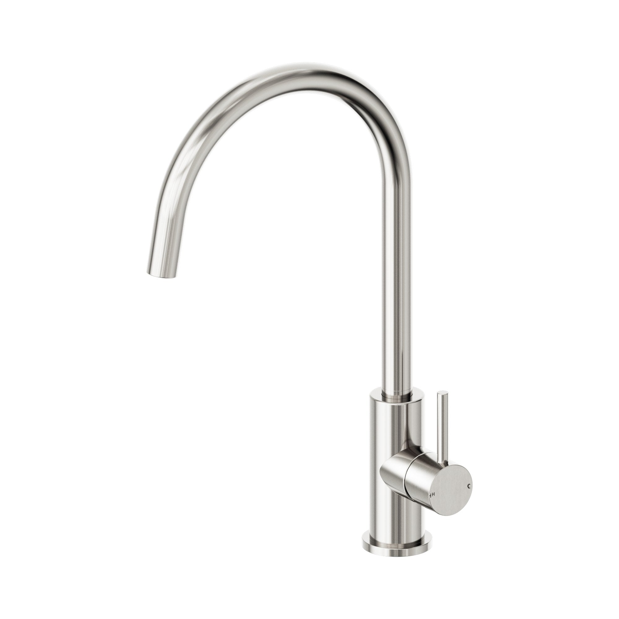 Nero Dolce II sink mixer in brushed nickel with tall curved spout and single lever handle on white background