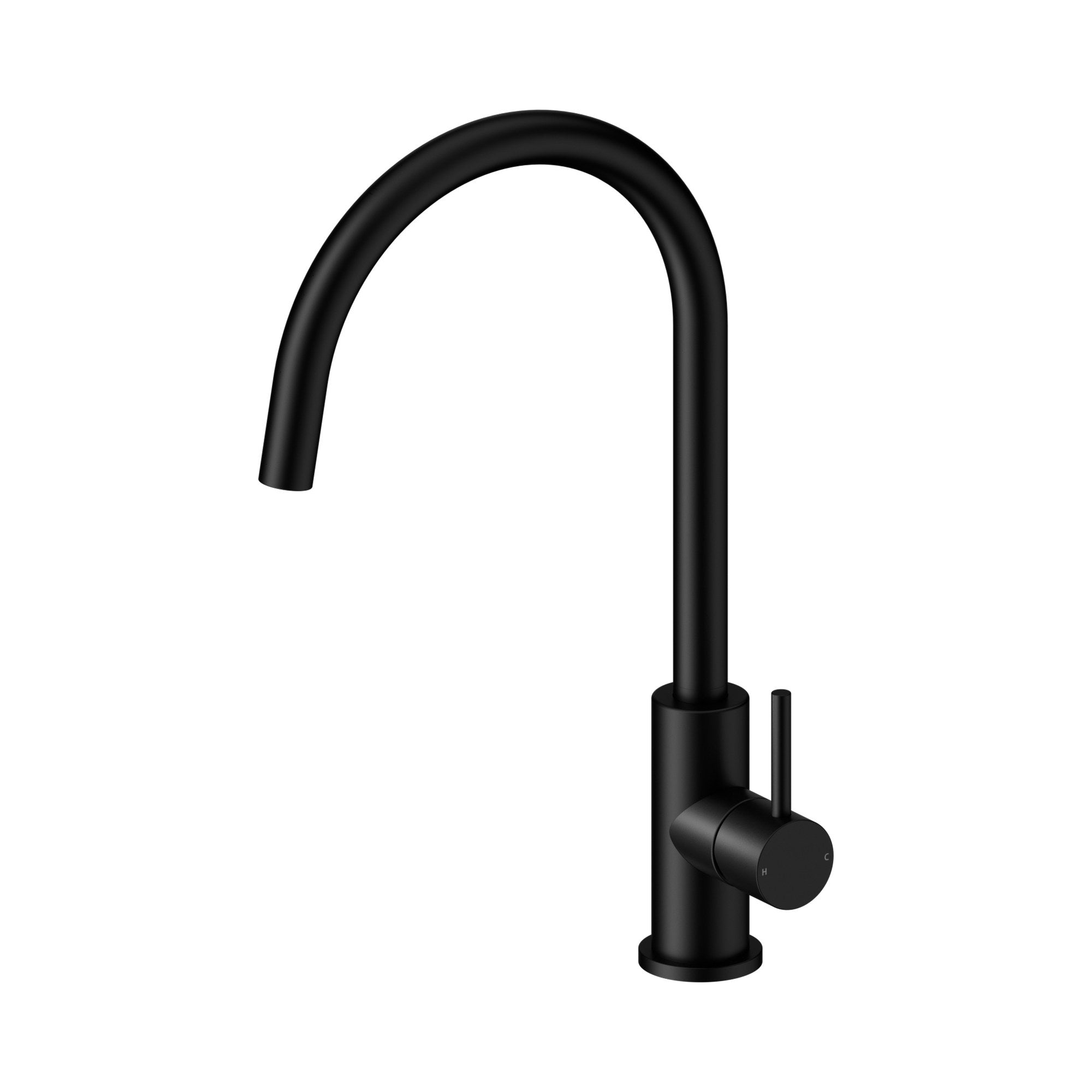 Nero Dolce II matte black sink mixer tap with curved gooseneck spout and single lever handle on round base