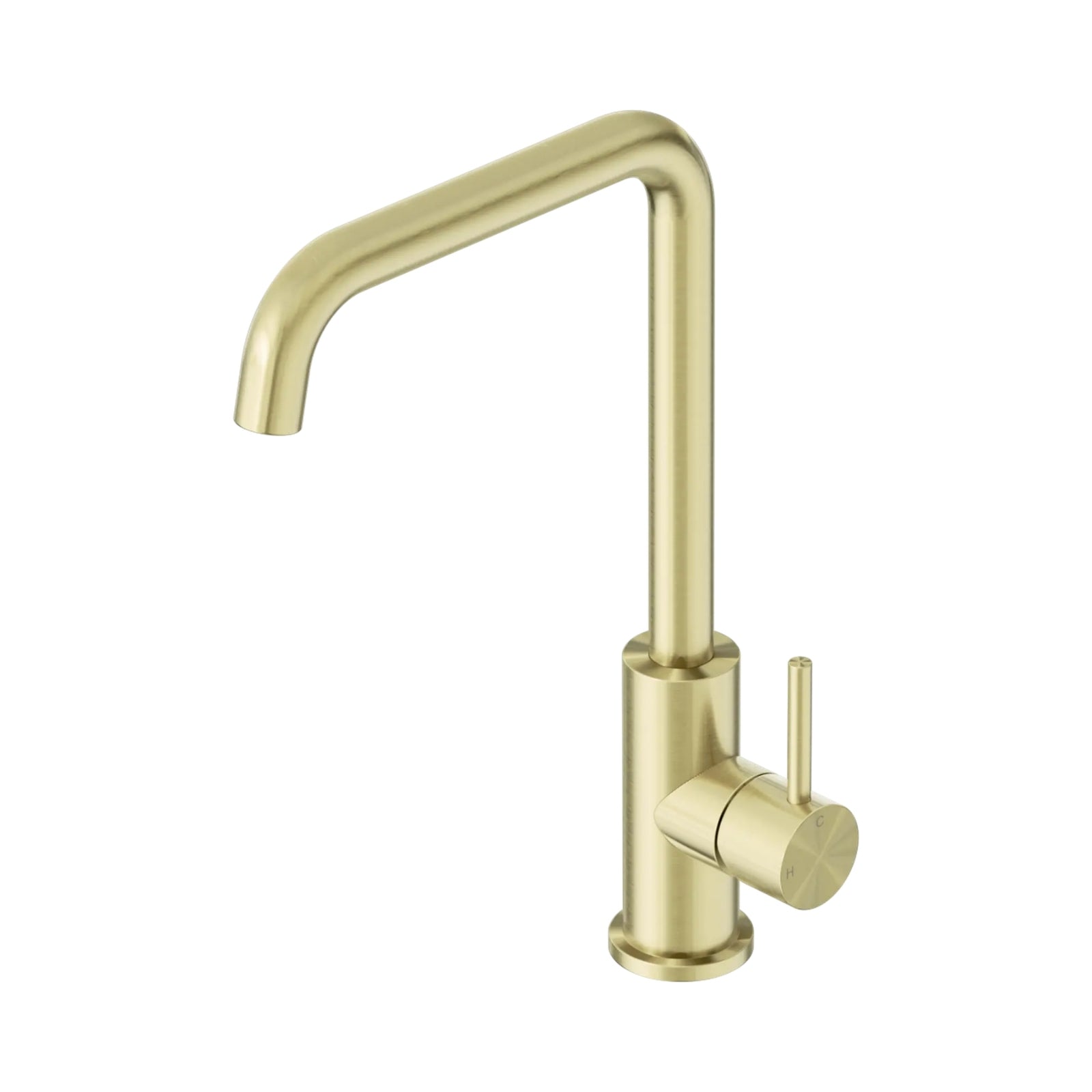 Nero Dolce II brushed gold sink mixer with square spout and cylindrical lever, on white background