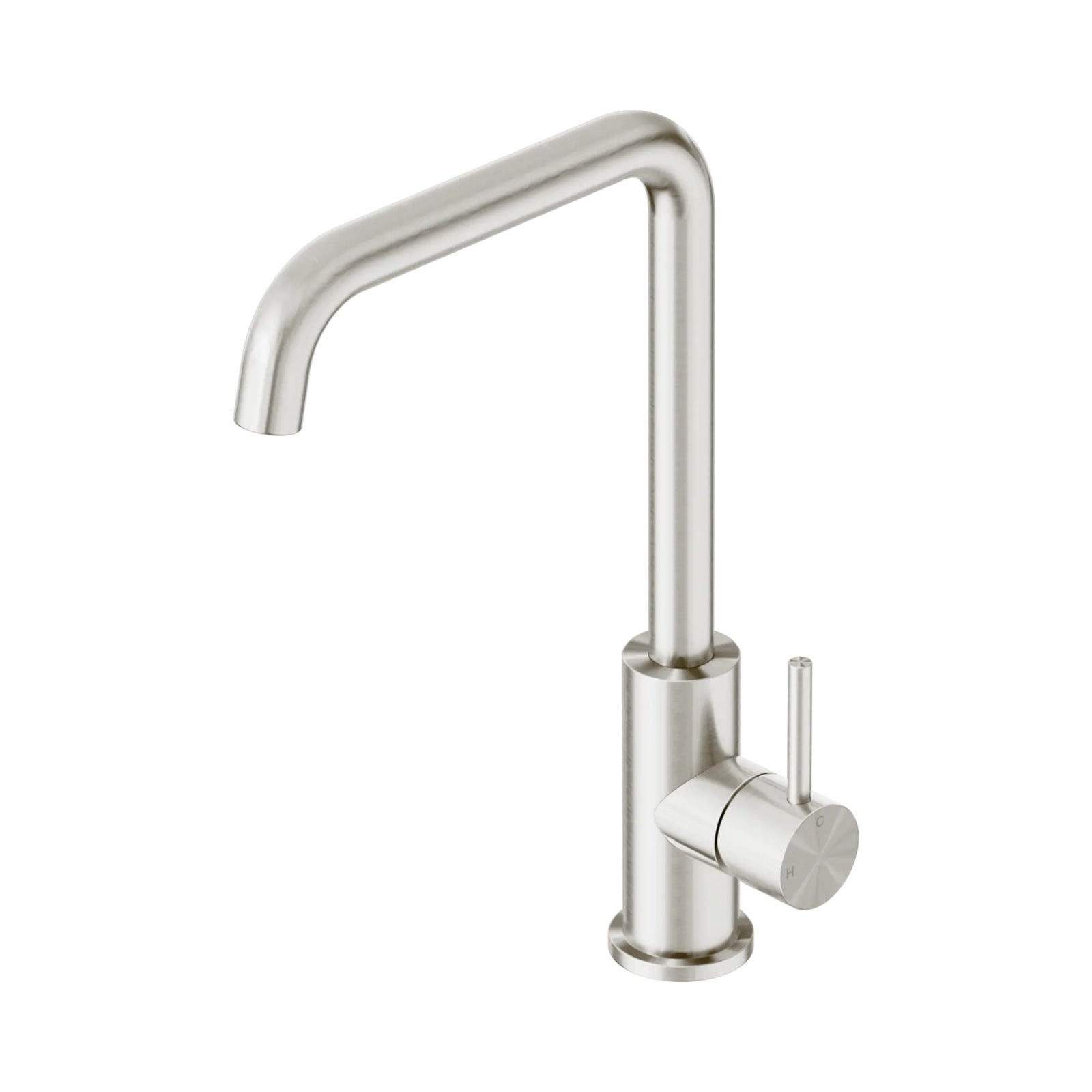 Nero Dolce II sink mixer in brushed nickel with square spout and cylindrical lever handle, isolated on white