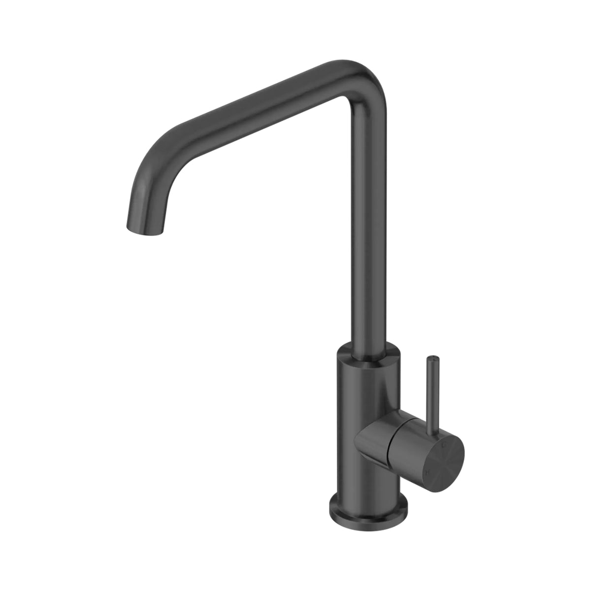 Nero Dolce II sink mixer in gun metal with square gooseneck spout and side lever handle on white background