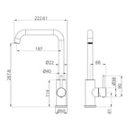 Technical drawing of Nero Dolce II square spout sink mixer with dimensions, side and front views in gun metal finish