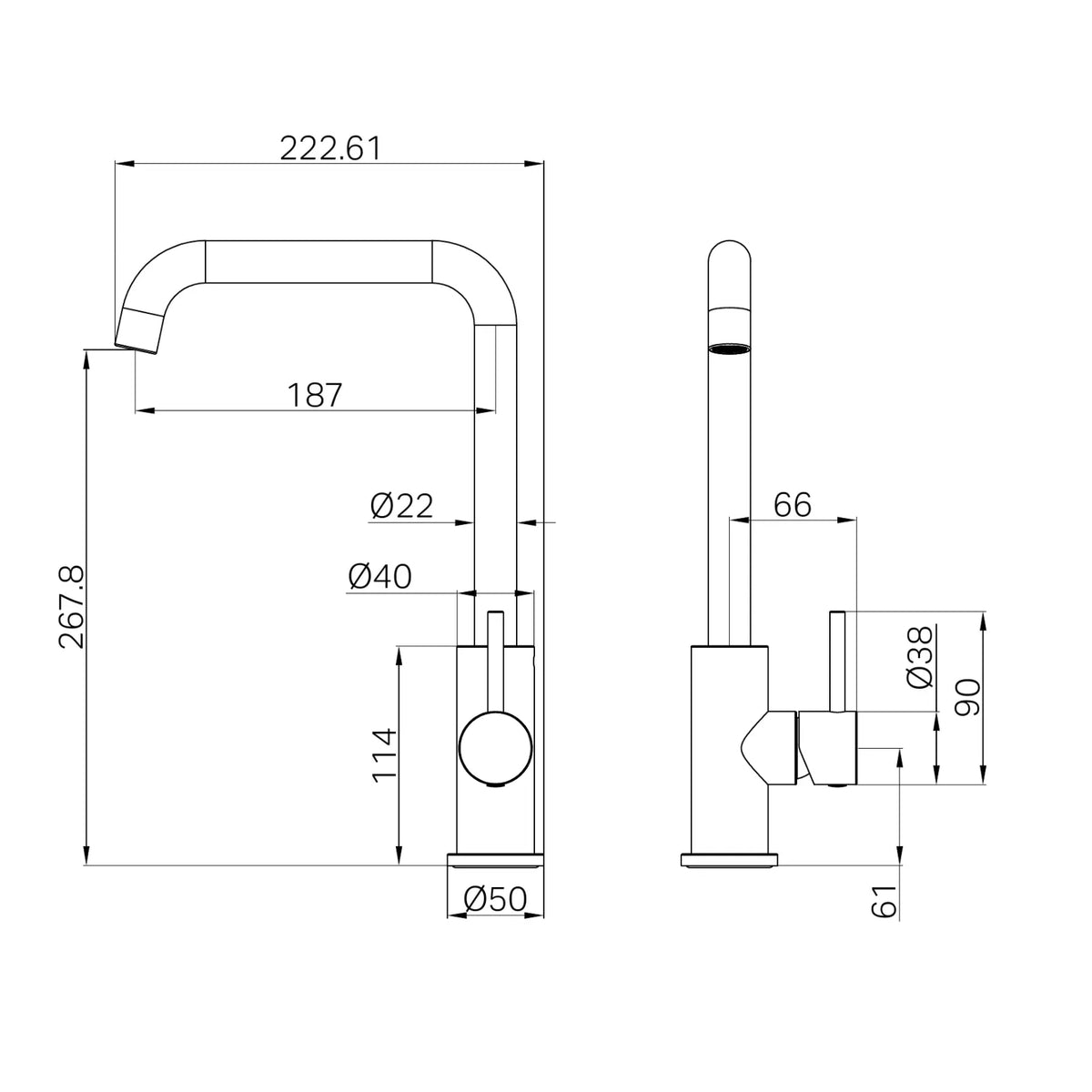 Technical drawing of Nero Dolce II square spout sink mixer with dimensions, side and front views in gun metal finish